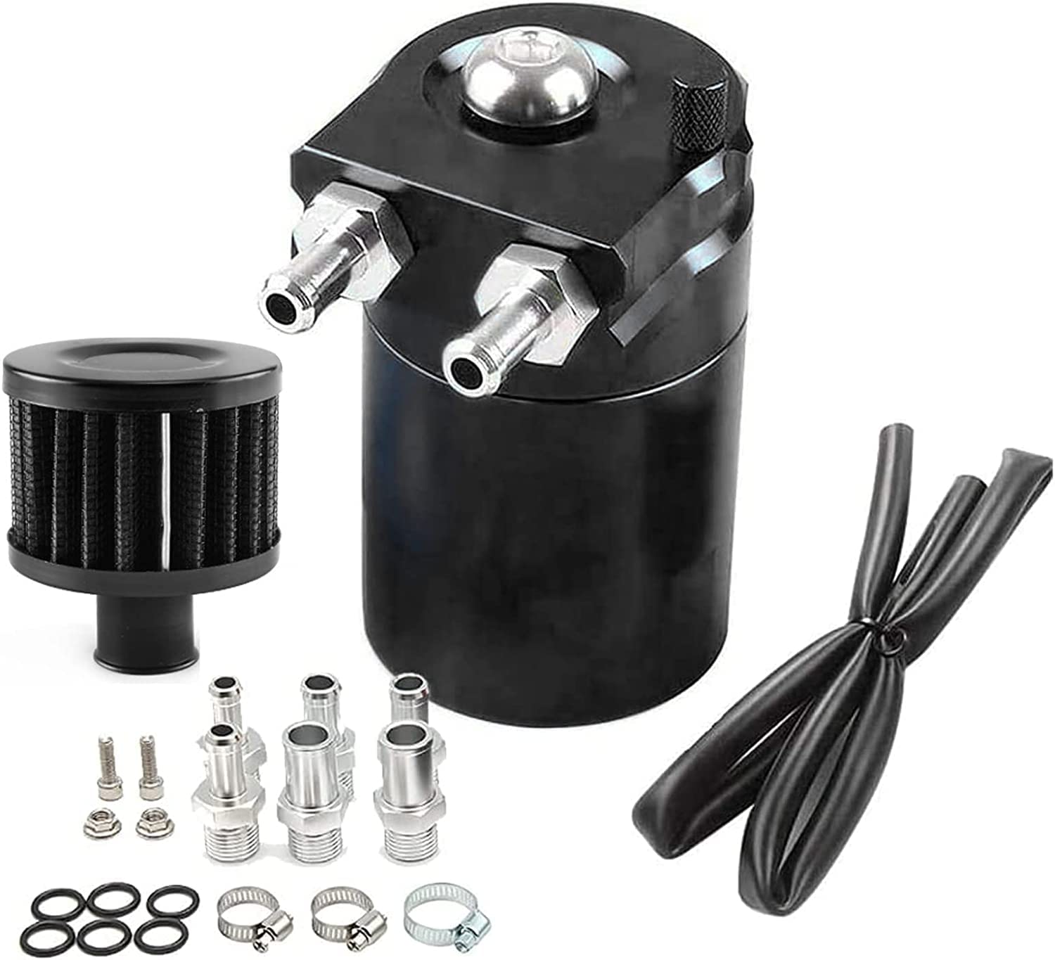 Oil Catch Can, Universal Motorluft-Ölabscheiderbehälter 300ml Aluminium Ölauffangbehälter Oil Catch Tank Öl Lagertank Kit für Auto mit Luftfilter Schlauch und Sonstiges Zubehör(Schwarz) von Judavry