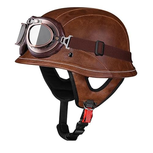 Halbhelm aus Leder Retro-Motorradhelm im Deutschen Stil ECEDOT geprüft Herren Damen Vintage-Jethelm mit Schutzbrille Halbschalenkappe Mopedhelm für Chopper Cruiser Scooter Fahrrad 3,L von JunPing