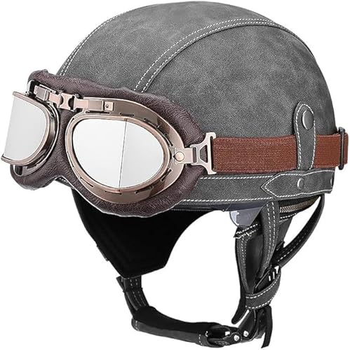 Halbschalenhelm Leder Motorradhelm Halbhelme mit ECE, Vintage Helme mit Brille, Jethelm Retro, Chopper Helm, Scooter-Helm, Fahrradhelm, mit Sonnenblende und Herausnehmbares Innenfutter V,M von JunPing