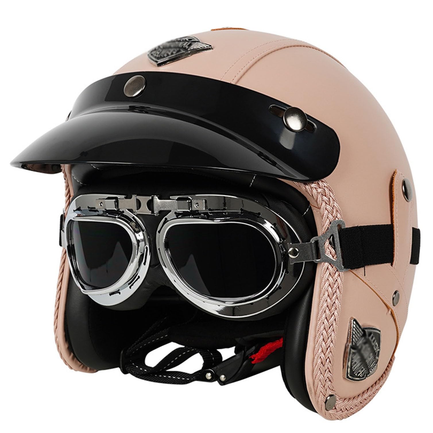 Leder-Jethelm Vintage-Motorradhelm Open Face Leder-Helm Winddichter Motorrad Roller Helm, Mit Brille, ECE Genehmigt Jethelm Für Damen Und Herren 4,M von JunPing