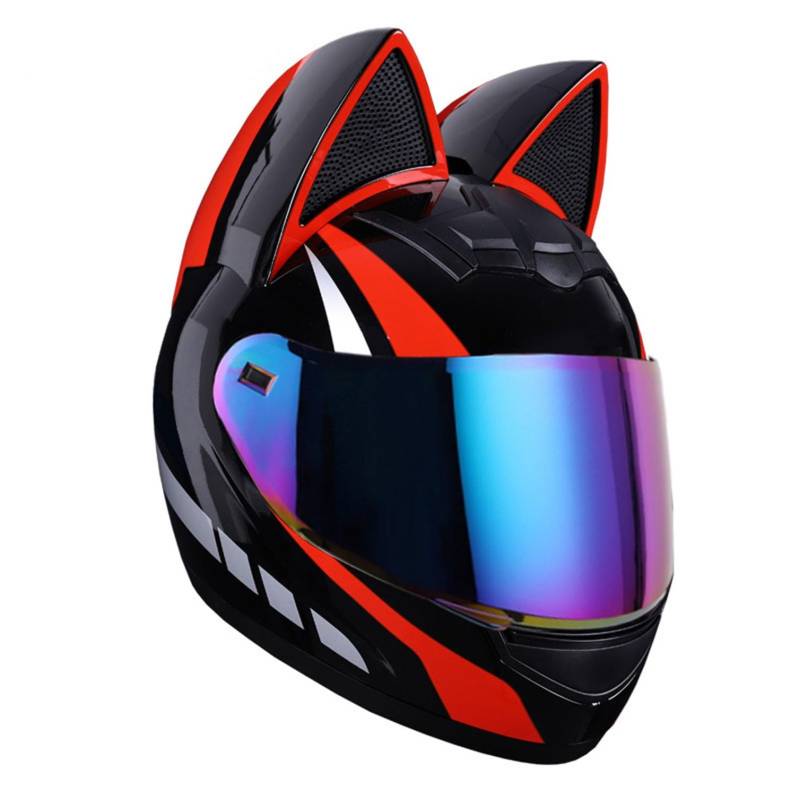 Motorradhelm Motorrad-Vollhelm Cat Ear Knight Helm, Roller-Motocross-Helme, ECE-geprüft,Klapphelm Integralhelm Fullface Helm Rollerhelm Mode-Katzenohren-Vollhelm Rollerhelm 32,XL=60-62CM von JunPing