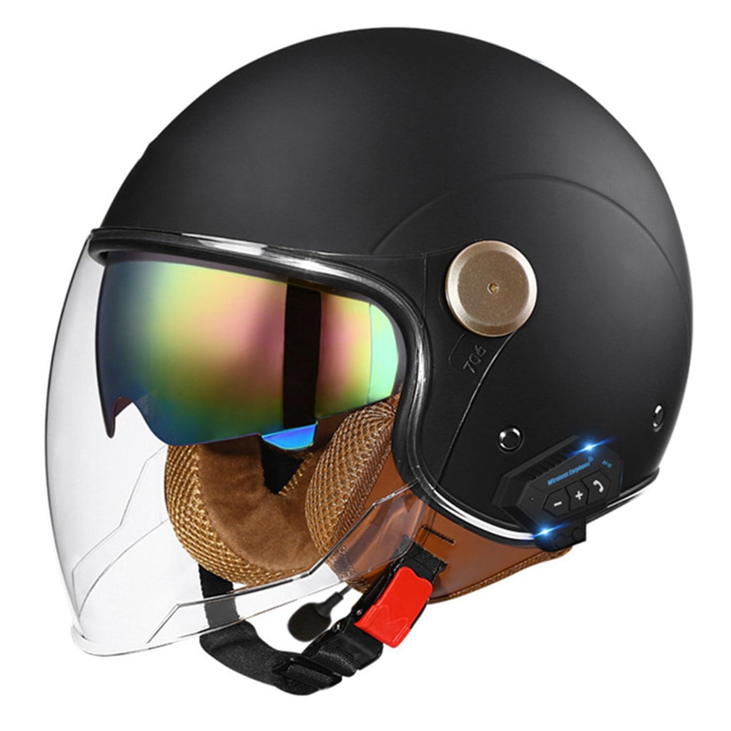 Motorradhelm mit Bluetooth Herren Damen ECE-zertifizierter Motorrad Jethelme Integrierter Bluetooth-Helm mit Anti-Fog-Doppelspiegel Rollerhelm Scooterhelm K,L von JunPing