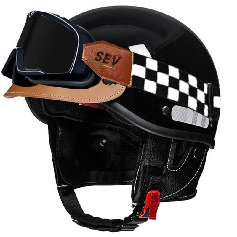 Offener Motorrad Halbschalenhelm mit Schutzbrille, DOT/ECE offenem Motorradhelm für Männer Frauen,neuartiger Halbschalenhelm für Moped,Chopper,Roller 34,58-62cm von JunPing