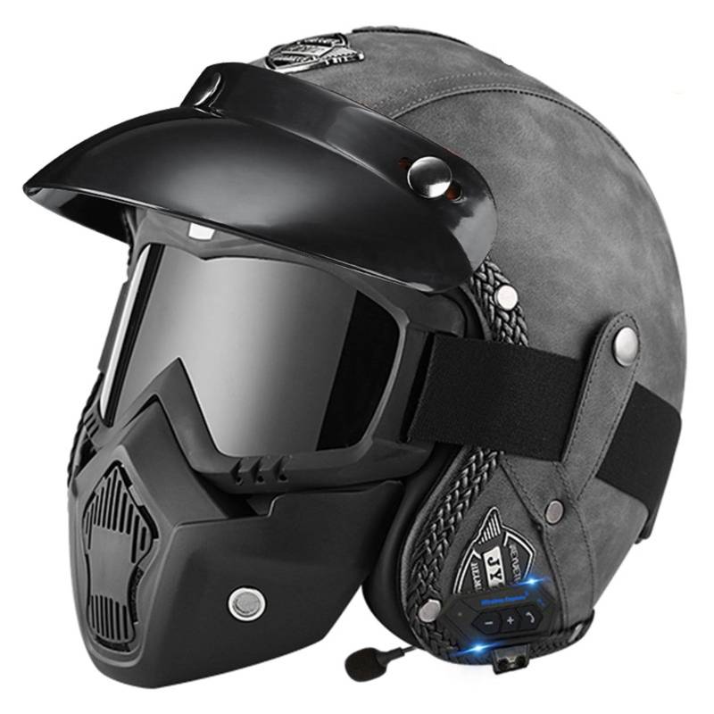 Retro 3/4 Motorrad Helm Bluetooth Jethelm mit Visier DOT/ECE-Zulassung Mopedhelm Motorradkreuzer-Rollerhelm Chopper Helm Straße Fahrrad Helm für Erwachsene Herren Damen A,2XL von JunPing