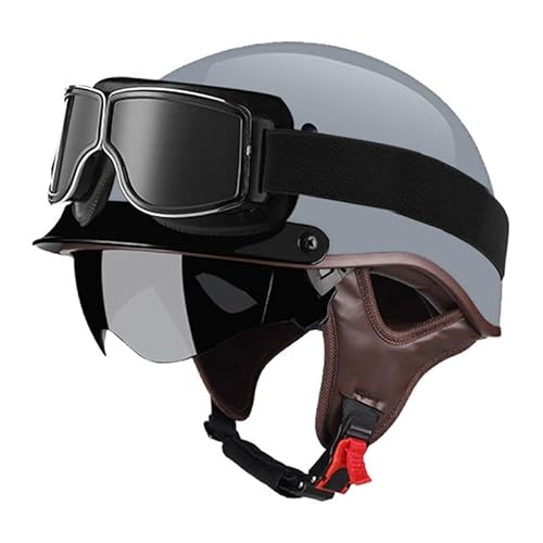 Retro Motorrad Halbhelme Jet Motorradhelm Deutscher Stil Brain-Cap Anti-Collision Helm Mit Schutzbrille ECEDOT Zertifiziert Roller-Helm Scooter Mofa-Helm für Erwachsene Herren Damen 3,L=59~60CM von JunPing