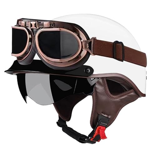 Retro Motorrad Halbhelme Jet Motorradhelm Deutscher Stil Brain-Cap Anti-Collision Helm Mit Schutzbrille ECEDOT Zertifiziert Roller-Helm Scooter Mofa-Helm für Erwachsene Herren Damen 6,XL=61~62CM von JunPing