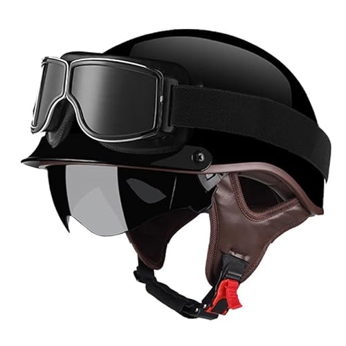 Retro Motorrad Halbhelme Jet Motorradhelm Deutscher Stil Brain-Cap Anti-Collision Helm Mit Schutzbrille ECEDOT Zertifiziert Roller-Helm Scooter Mofa-Helm für Erwachsene Herren Damen 7,M=57~58CM von JunPing