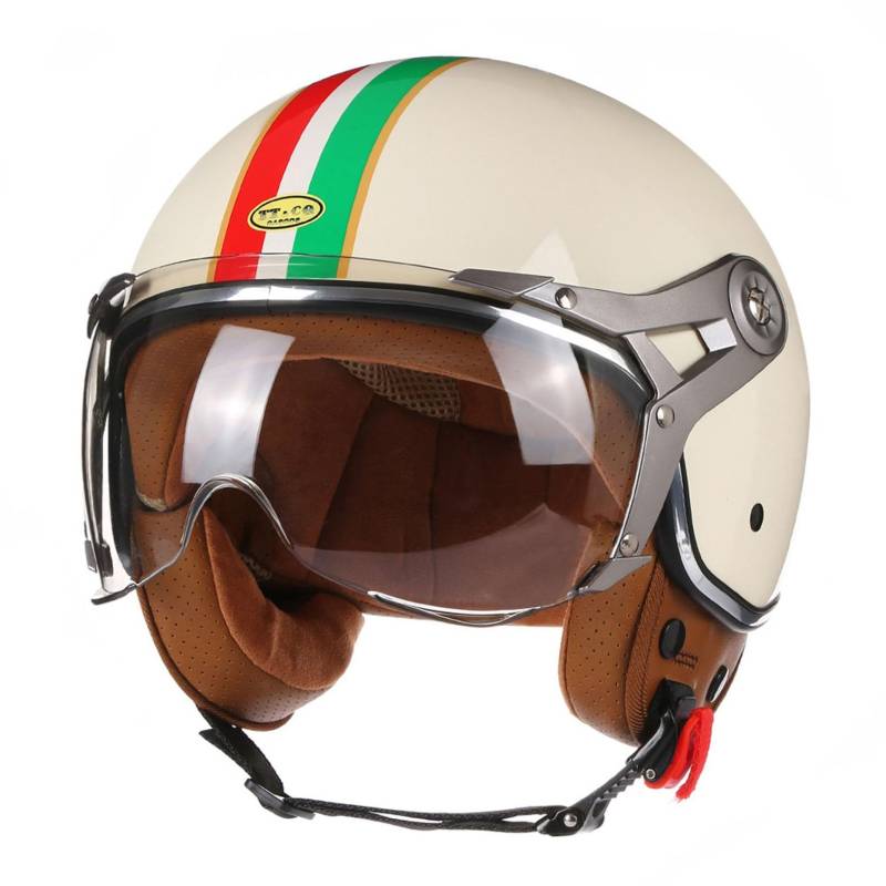 Retro Motorrad Halbhelme Motorradhelm Für Herren Damen DOT/ECE-Zertifizierung 3/4 Jethelm Schutzhelm Mit Visier Halbschalenhelm Braincap Offenem Helm Roller-Helm 2,M(57~58CM) von JunPing