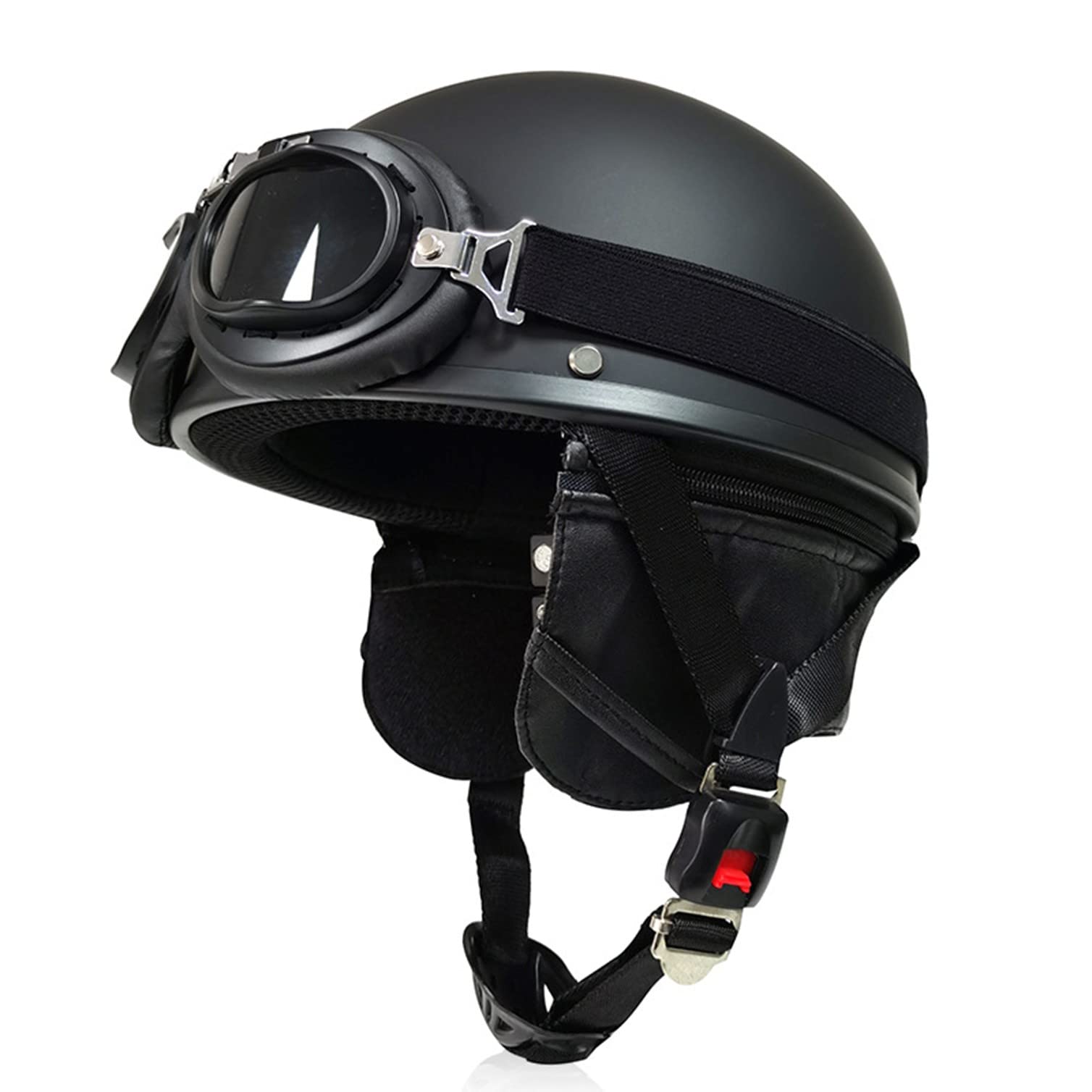 Retro Motorradhelm Open Face Helm ECE-Zulassung Halbhelm mit Brille Vintage Halbschalenhelm Deutsche Braincap Jethelm Rollerhelm Für Damen Und Herren 1,L von JunPing