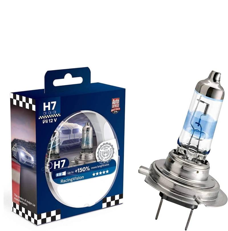 2x Philips H7 55W 12V PX26d 12972RVS2 Racing Vision +150% mehr Helligkeit Intensiv Weiß Ersatz Scheinwerfer Halogen Lampe - E-geprüft von Jurmann Trade