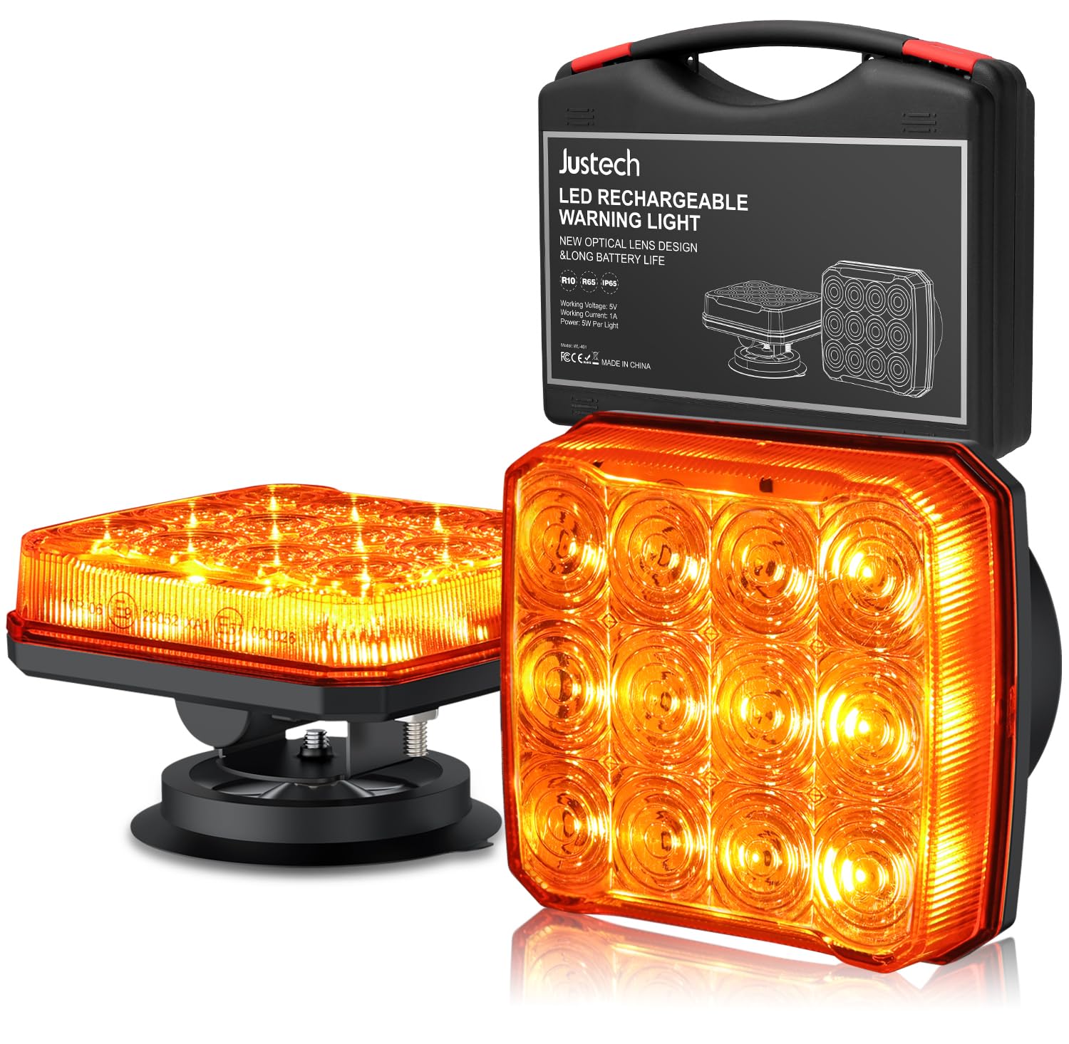 Justech 2PCS Wiederaufladbare Warnleuchte LED-Stroboskoplichter 12V/24V Magnetisch Warnleuchte Warnlicht, IP65 Wasserdicht Notfalllicht Auto-Blitzlicht mit 18 Blitzmodi für Lastwagen, Traktoren E-Mark von Justech