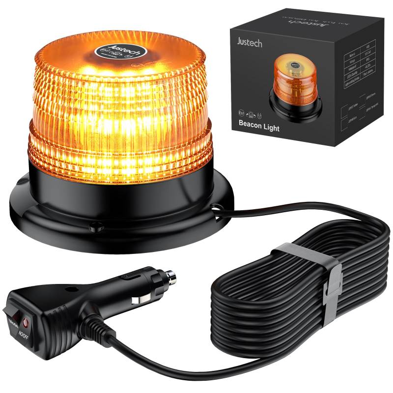 Justech 40 LEDs Rundumleuchte 360° Gelb Warnleuchte Blitzleuchte 7 modus mit 5m Netzkabel Doppelter Schraube 12V / 24V Warnlicht mit Magnetfuß Notfallblinklampe Magnet Rauchschwarz für Auto LKW usw. von Justech