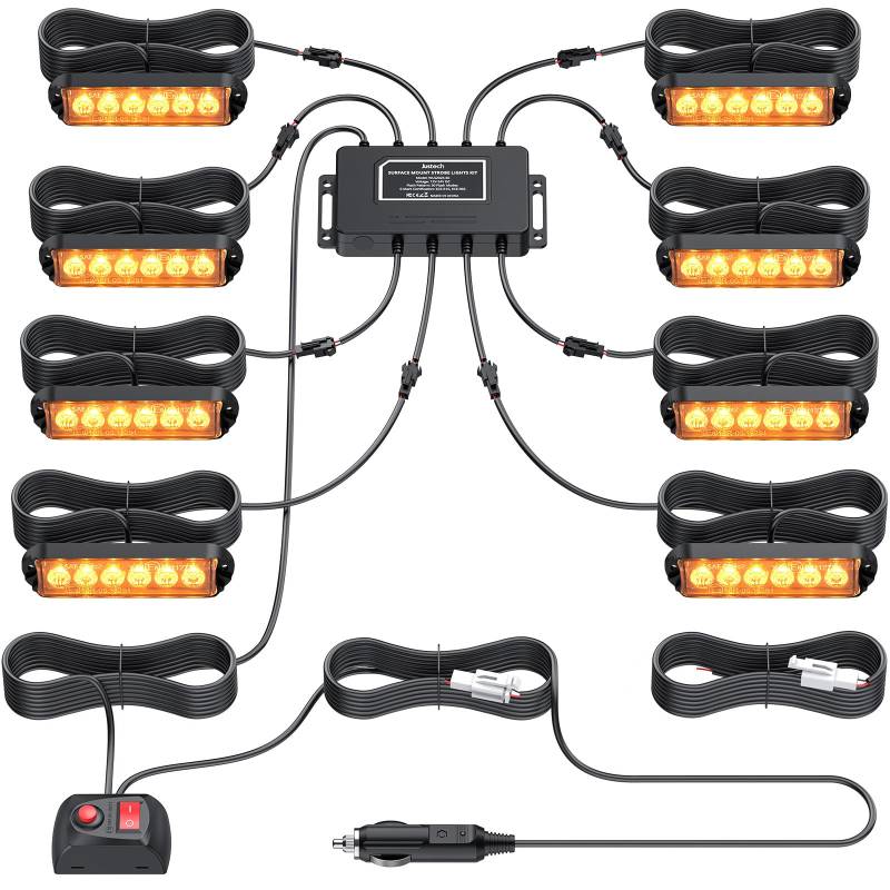 Justech 8er 6LED Warnlicht Frontblitzer Stroboskoplicht Frontblitzer, 30 Modi Warnleuchte Stroboskop Blinklicht Wasserdicht IP65, LED Blitzer für 12/24V Emergency, Repair, Truck, KFZ Orange von Justech