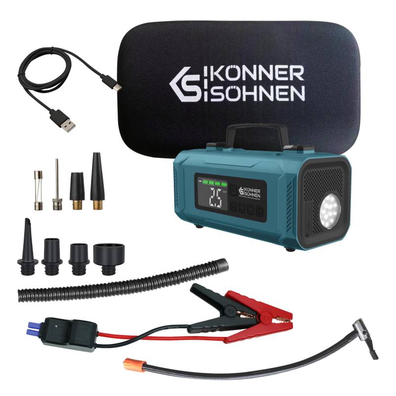 K&S Könner&Söhnen KS JSP-2000 Auto Kompressor mit startgerät 4 in 1/14800 mAh, Tragbare Elektronische Luftpumpe 140 psi, Autoreifen Pumpe 22 l/min, digitales Display, Notfall-LED-Taschenlampe von K&S Könner&Söhnen