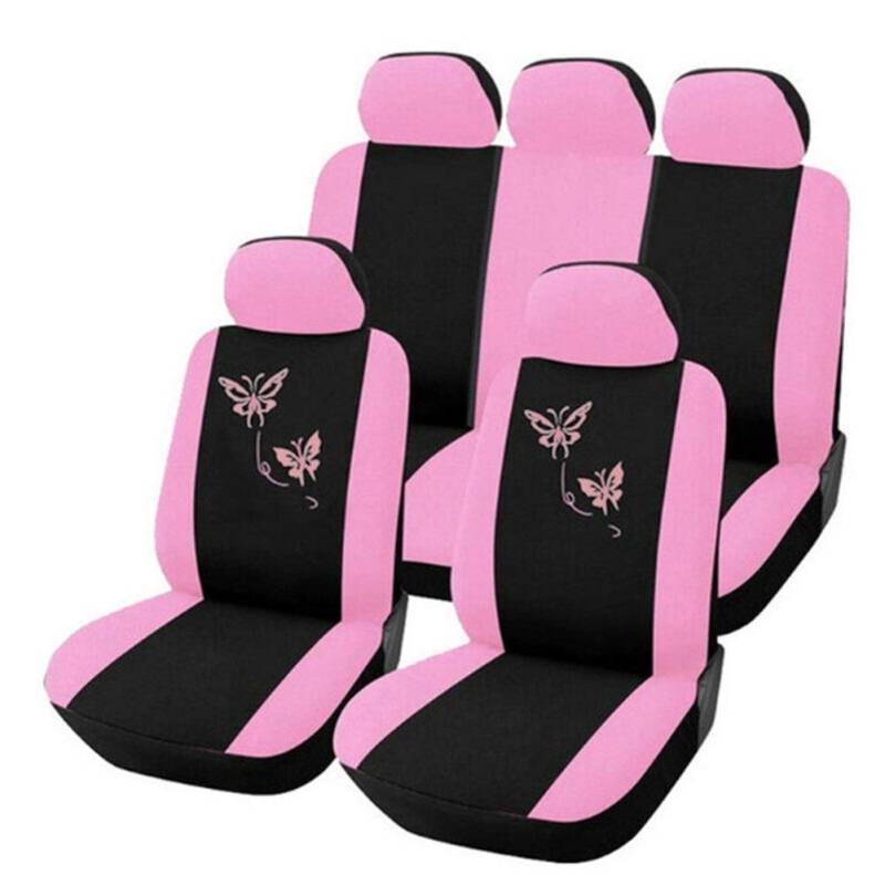 KAMIAK SitzbezüGe Auto,Auto SitzbezüGe 4 / 9pcs / Set Rosa Autositzbezüge Schmetterling Stickerei-Auto-Styling Frau Sitzbezüge Automobil Auto-Innen Zubehör (Color : 9pcs) von KAMIAK