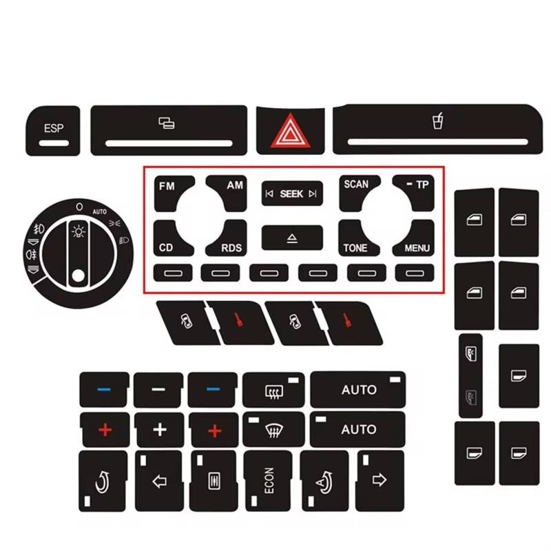 KANGBOZ Kompatibel Mit Für A4 B6 B7 Auto Für Radio Clima ESP Scheinwerferknopf Reparaturaufkleber Abgenutzter Knopfschalter Innenzubehör Auto Tasten Aufkleber(B) von KANGBOZ