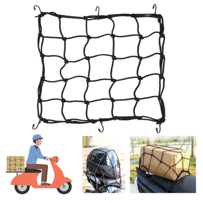 Gepäcknetz Fahrrad 40x40 cm, Gepäcknetz Fahrradkorb Hinten, Schwarz Gepäcknetz Motorrad mit Haken Netz für Fahrradkorb Helmnetz Motorrad Gumminetz klein Moped Zubehör von KANOSON