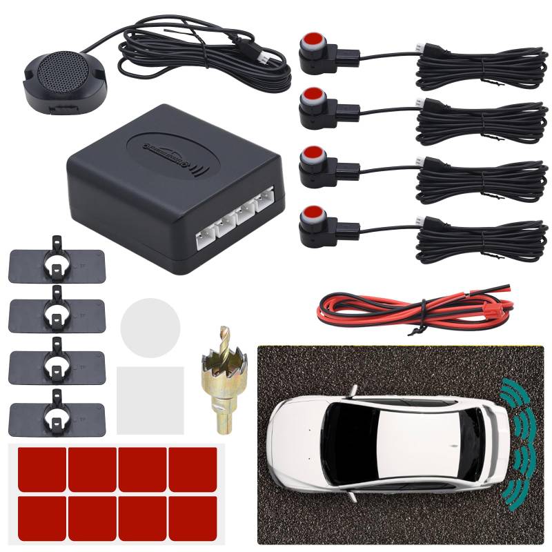 KAOLALI Auto Einparkhilfe 4 Hinten Sensoren, Universal Auto Parksensoren Rückwärtsparkhilfe Einparksystem Audio Buzzer Alarm für Auto, Rot von KAOLALI