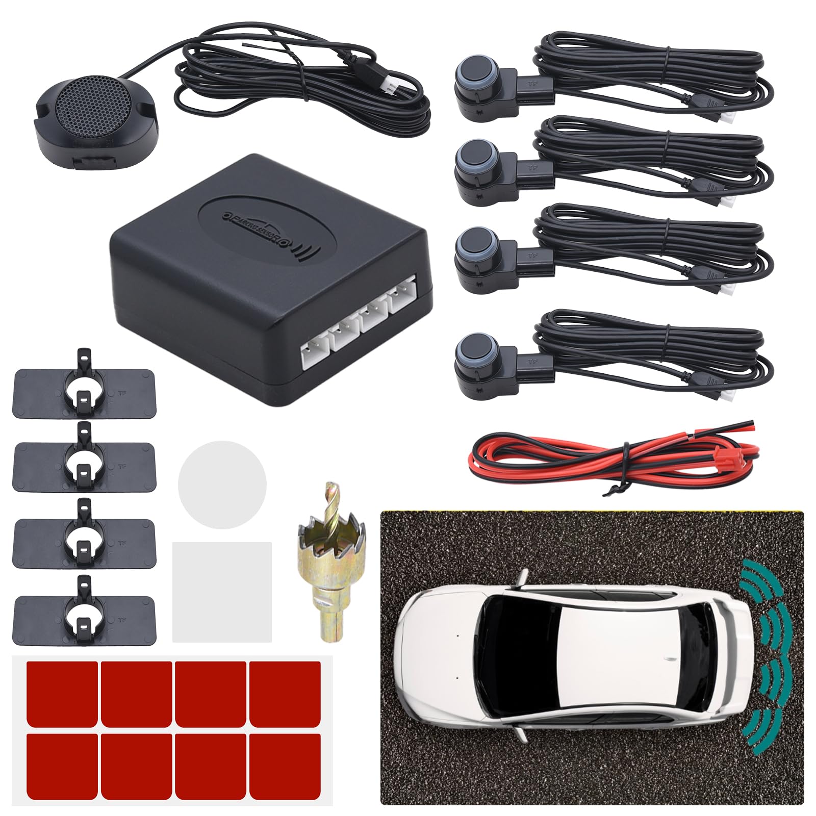 KAOLALI Auto Einparkhilfe 4 Hinten Sensoren, Universal Auto Parksensoren Rückwärtsparkhilfe Einparksystem Audio Buzzer Alarm für Auto, Schwarz von KAOLALI