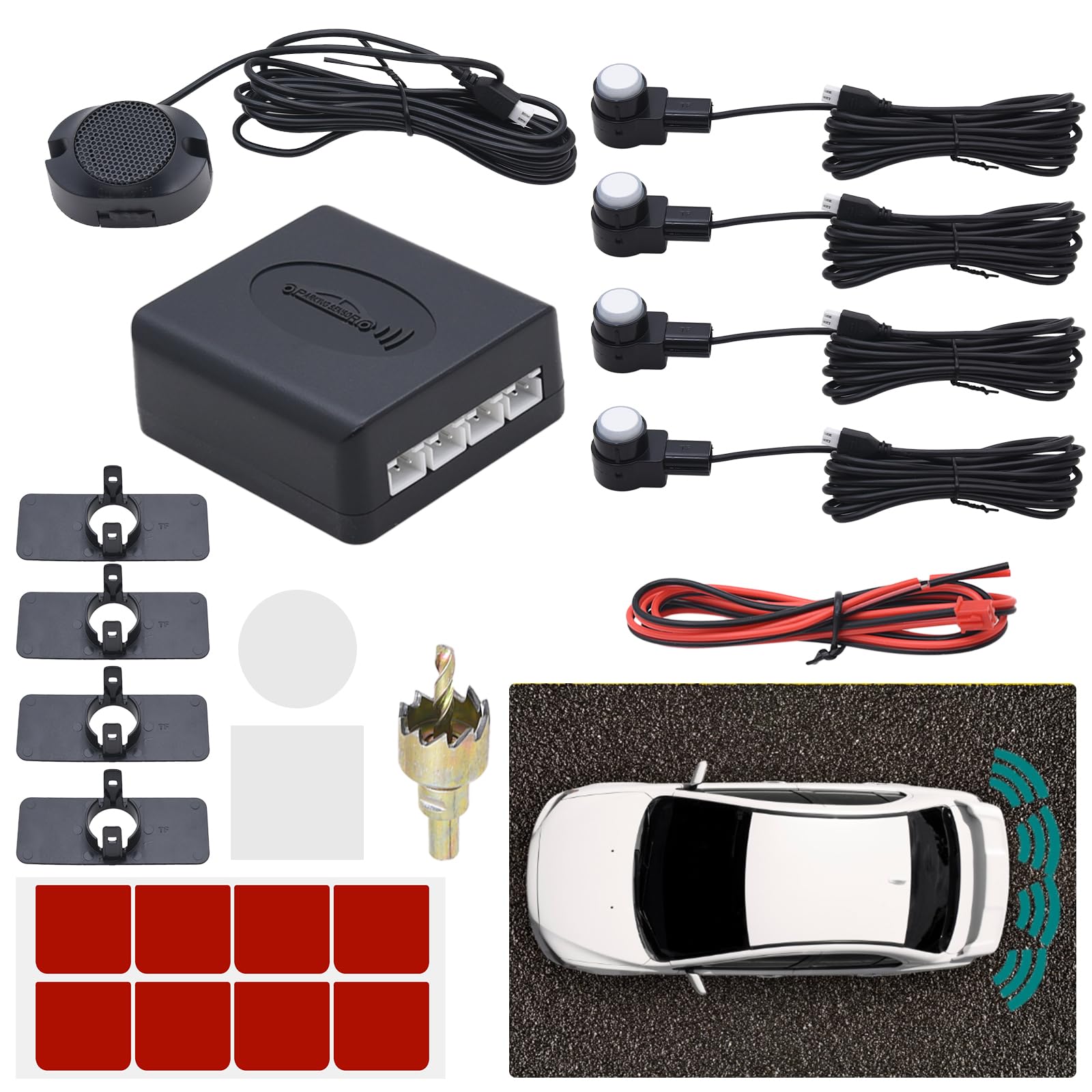 KAOLALI Auto Einparkhilfe 4 Hinten Sensoren, Universal Auto Parksensoren Rückwärtsparkhilfe Einparksystem Audio Buzzer Alarm für Auto, Weiß von KAOLALI