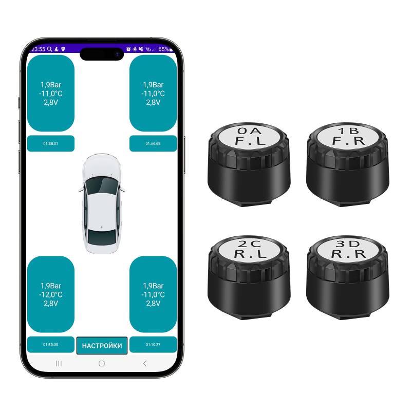 KAOLALI Reifendrucküberwachungssystem mit App, Bluetooth 5.0 Reifendrucksensor TPMS, für Android IOS, 4 Externen Reifendrucksensor, Echtzeitanzeige Temperaturdruck, IP67 Wasserdicht von KAOLALI