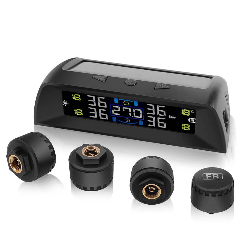 KAOLALI TPMS Reifendruckkontrollsystem, Innenraumtemperaturanzeige, Solarladung und USB-Ladefunktion, mit Farbiger LCD-Anzeige und 4 Externen Reifendrucksensor für Van RV LKW SUV(0-72 PSI) von KAOLALI