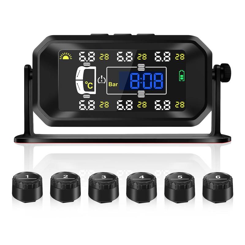 KAOLALI TPMS Reifendruckkontrollsystem, Solaraufladung Reifendruckkontrollsystem, Echtzeit-Überwachung von Druck und Temperatur, Zeitanzeige, Mit 6 Externen Reifendrucksensor für Van RV LKW von KAOLALI