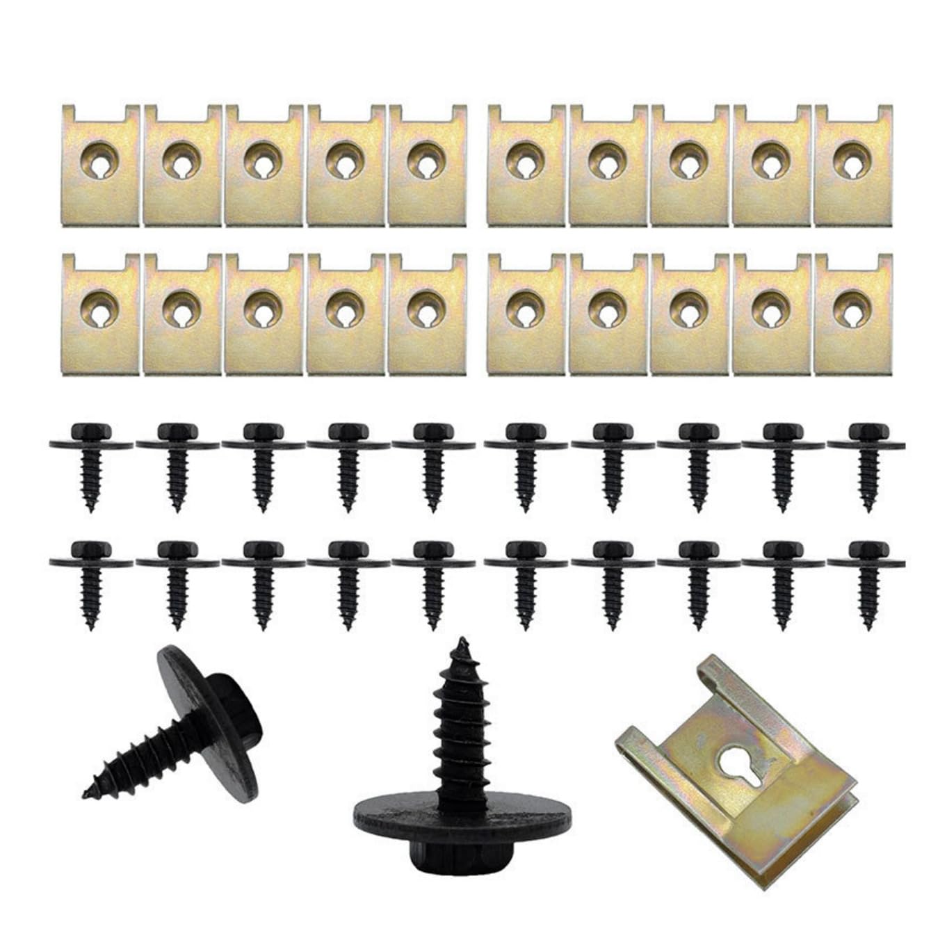 30 Sätze Blechmutter Schraube Mutter Clip Kit, Feder Blechnmutter und U Typ Karosserieschrauben,Kotflügelclip Blechmuttern Befestigung Clips für Auto,Feder Blechmutter Blechschrauben für Auto Motorrad von KARELLS