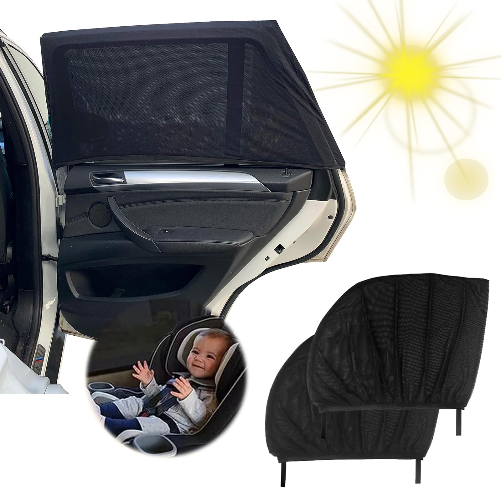 Sonnenschutz Auto Baby, Sonnenschutz Auto Kinder, 2 Stück Universal Sonnenblende Auto Netz, Auto Sonnenschutz Baby, Dehnbar bis 110 x 57CM, für Schützt Mitfahrer, Kinder & Haustiere von KARELLS