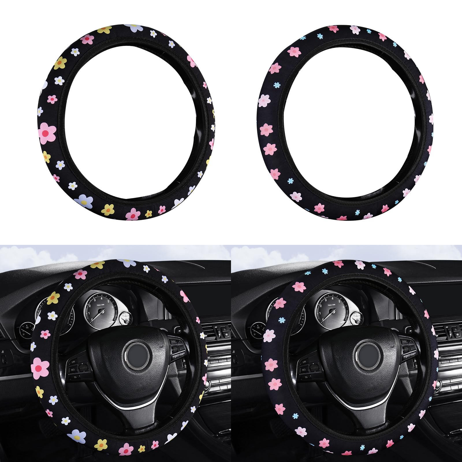 KASESSS 2 Stück Lenkradbezug, Weich Lenkradhüllen, Universal Steering Wheel Cover (37-38 cm), Blumenmuster Lenkradschutz Auto, Elastisch Lenkradhülle, Anti Rutsch Autolenkradbezug für Sommer & Winter von KASESSS