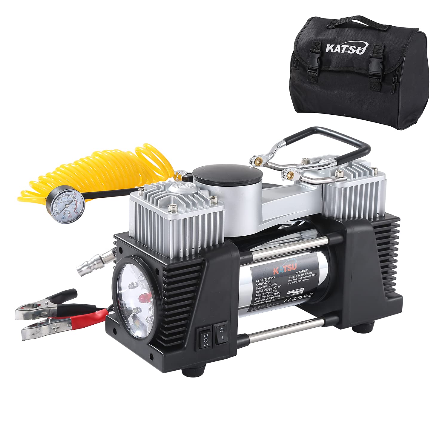 KATSU Auto Luftkompressor Doppelzylinder 150 PSI 12V 32Amp mit LED Licht Großes Volumen Professionelle tragbare Luftkompressor Reifenpumpe für Auto Auto Van Trucks Schlauchboote 451714 von KATSU Tools