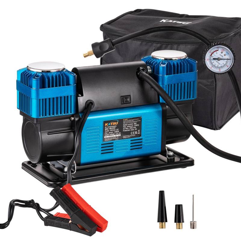 KATSU Tools Professionelle Auto Luftkompressor 2 Zylinder 150PSI 12V 90 Amp Großes Volumen Tragbarer Luftkompressor Reifenpumpe für 4WD Auto Van Trucks Fahrrad von KATSU Tools