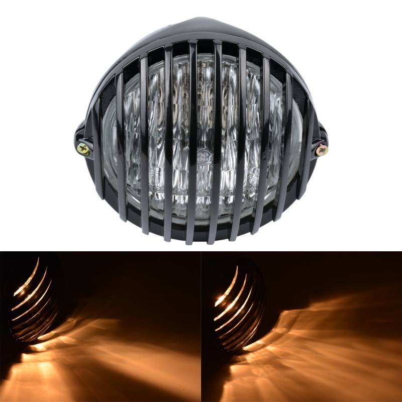 KATUR 5 1/2 Motorrad Scheinwerfer Grill Kopf Lampe 12V 55W Halogen für H Arley Cafe Racer Bobber Chopper H onda S uzuki Benutzerdefinierte (Black Shell) von KATUR