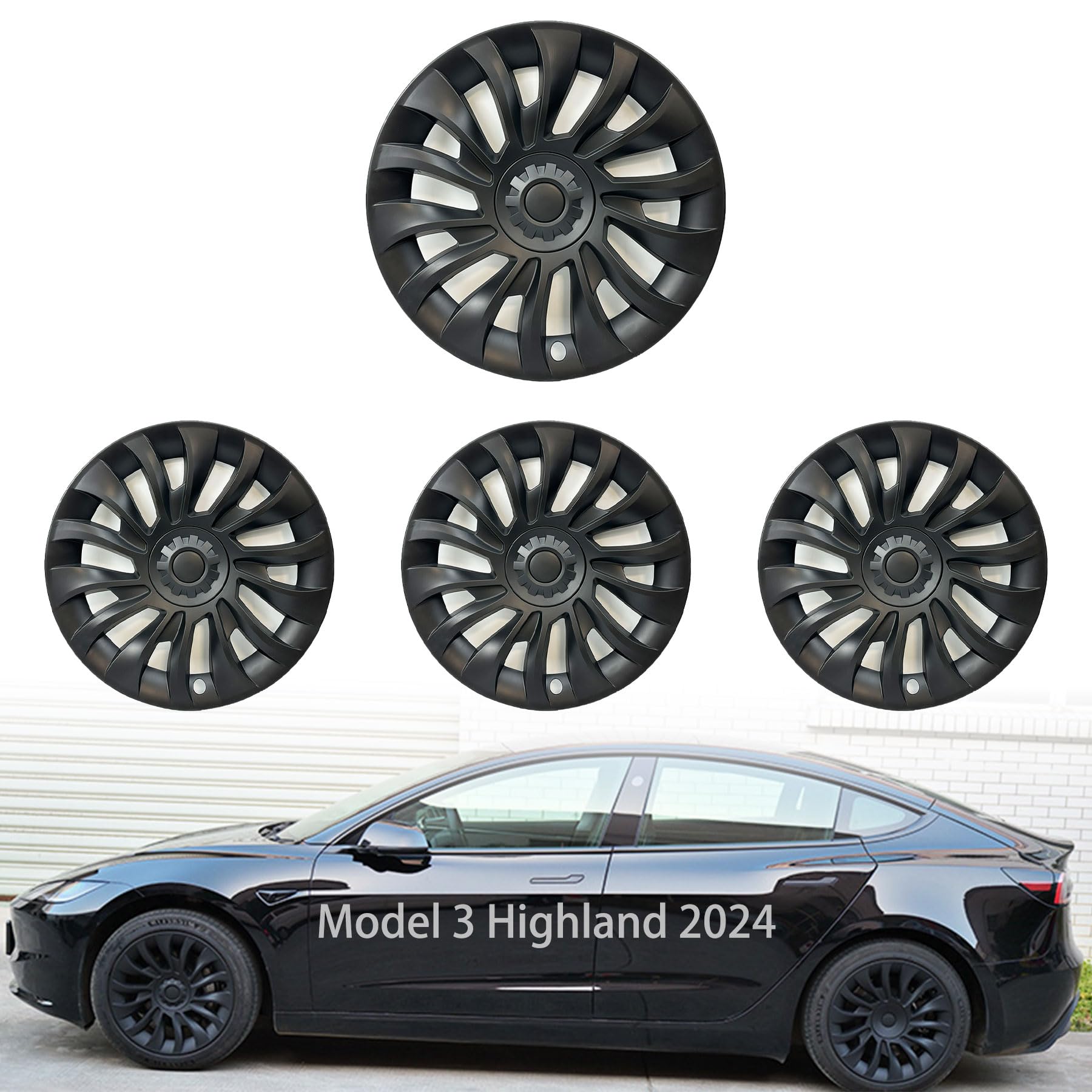 KAVANIC 4 Stück 2024 Model 3 Highland Radkappen 18 Zoll Uberturbine Style Mattschwarz ABS Felgenschutzabdeckung,2023-2024 Model 3 Highland Radkappen Ersatz Unterstützung Logo von KAVANIC