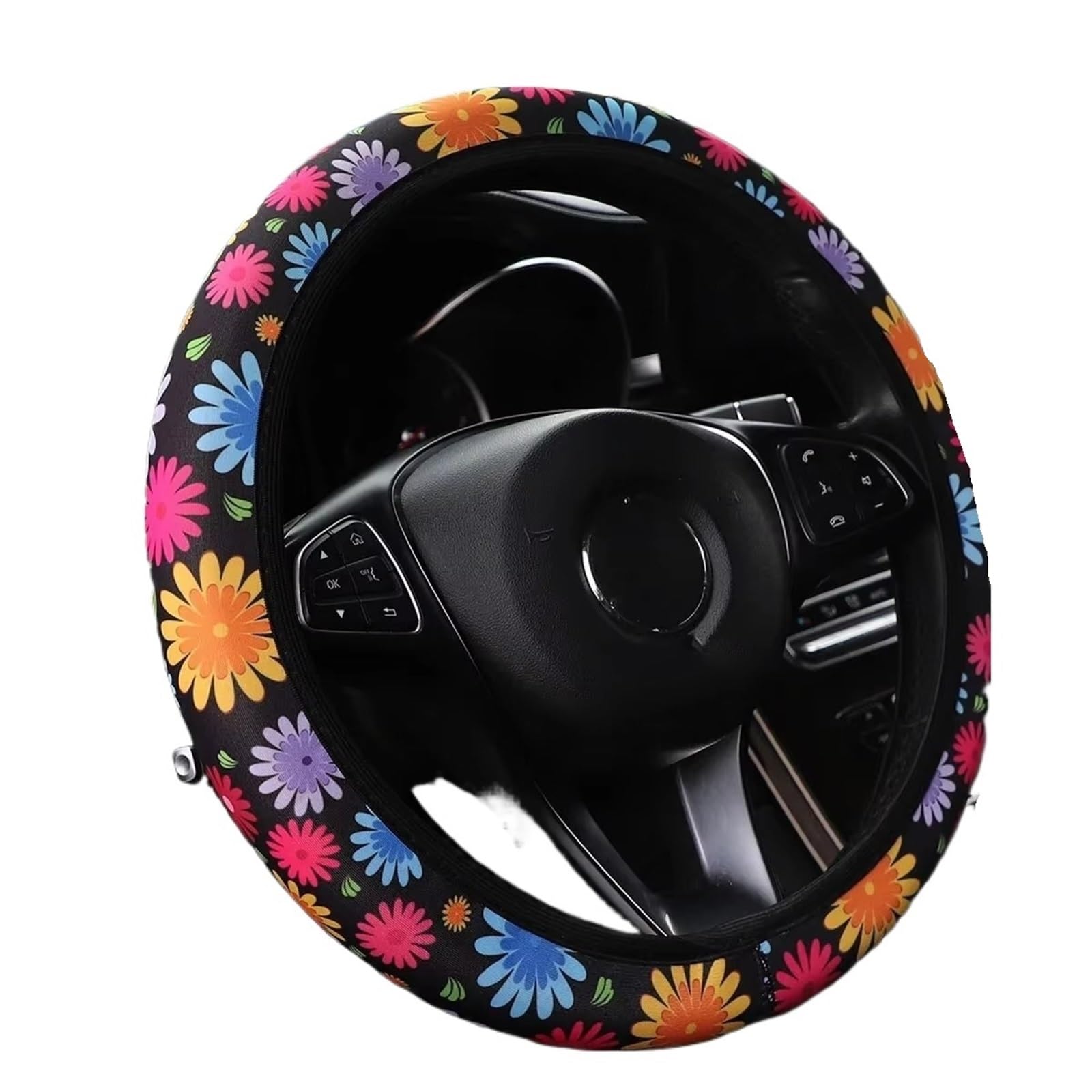 Auto Lenkradbezug Leder Autozubehör Geeignet Für 14,5-15 Zoll Große Blumen-Panda-Spinnennetz-Stoff, rutschfeste Auto-Lenkradabdeckung Ohne Innenring Lenkradbezug Winter warm(Colorful Flower) von KCKZCFCYPQ