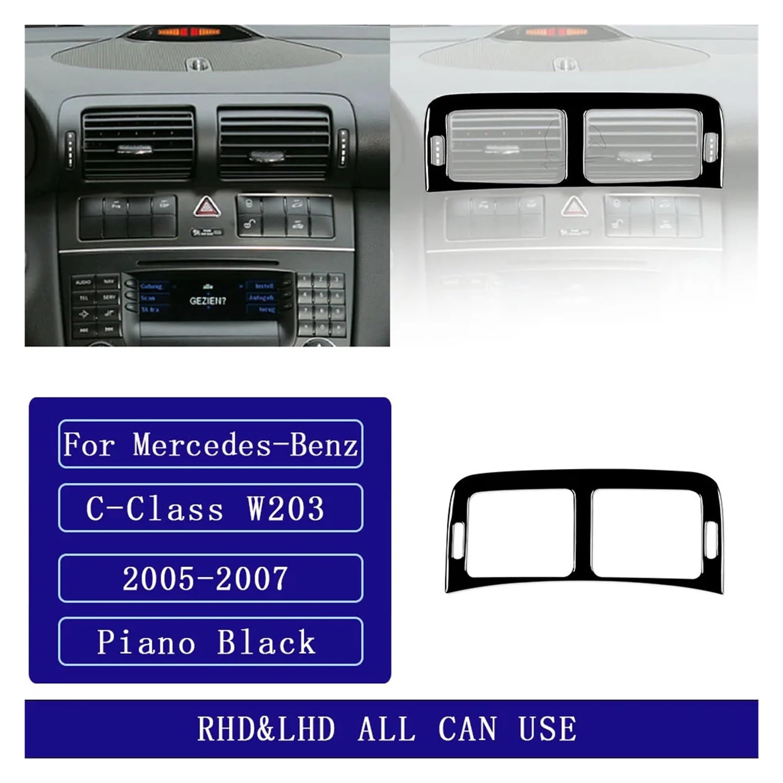 Kompatibel for Benz C-Klasse W203 2005–2007, Klavierschwarz, zentrale Klimaanlagen-Abdeckung, Auto-Innenzubehör, dekorative Aufkleber von KDMOWHON