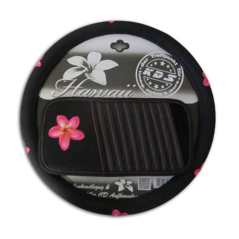 KDS Auto Lenkradhülle Lenkradbezug + CD-Fach Hawaii Blumen schwarz Rosa von KDS