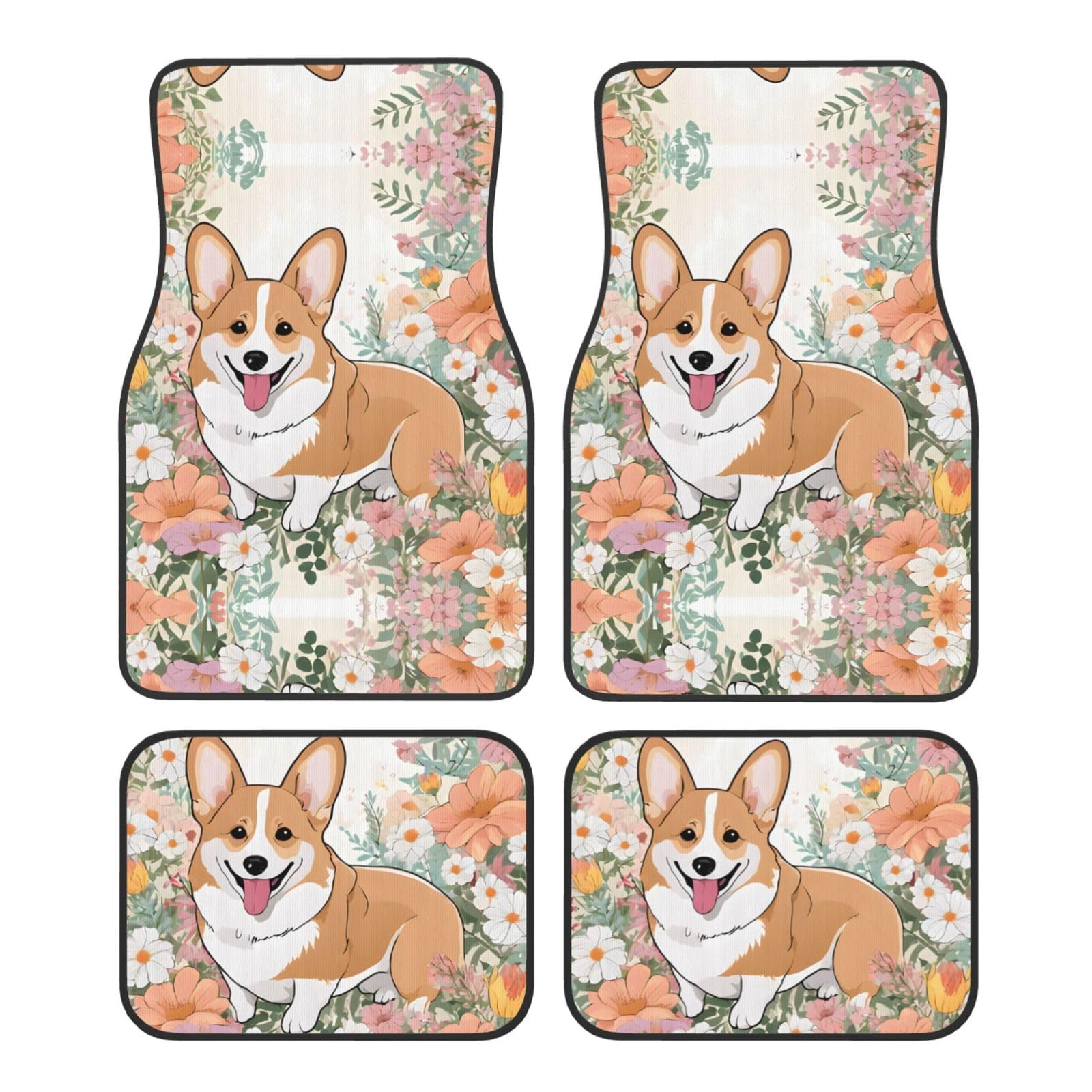 (Corgi Floral Flowers) Vorne Hinten Fußmatten 4-teiliges Set Autozubehör Universal Auto Boden Teppiche Dekorative Teppiche Matte Full Set Allwetterschutz Innenraum Teppiche von KDUBNJDS