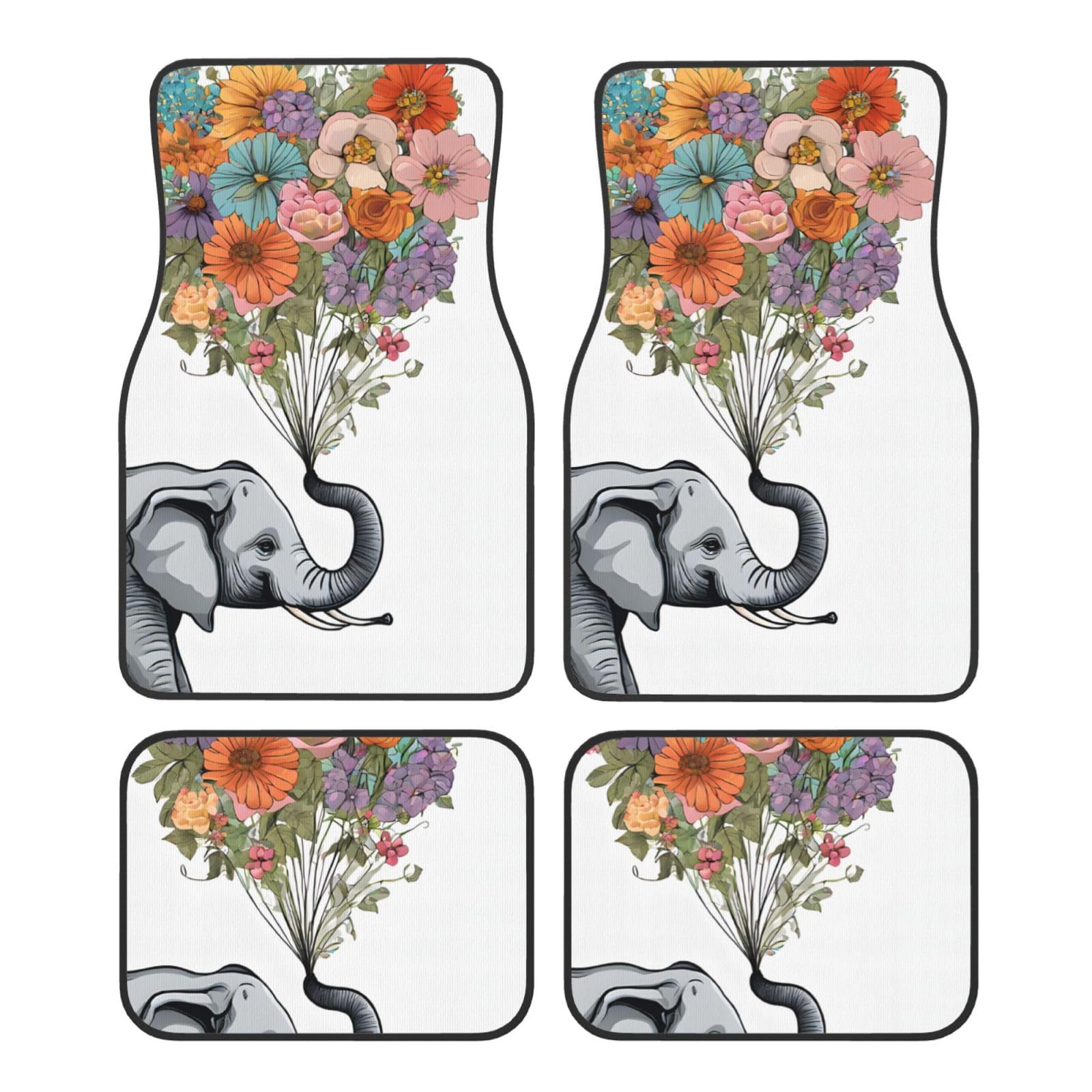 (Elefant mit Blume) Vorne Hinten Fußmatten 4-teiliges Set Autozubehör Universal Auto Boden Teppiche Dekorative Teppiche Matte Komplettes Set Allwetterschutz Innenraum Teppiche von KDUBNJDS