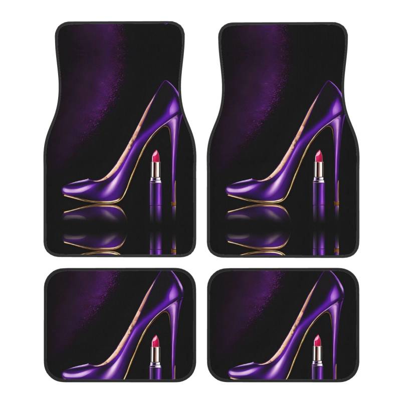 (Elegant Lila High Heels mit Lippenstift) Vorne Hinten Fußmatten 4-teiliges Set Auto Zubehör Universal Auto Boden Teppiche Dekorative Teppiche Matte Vollständiges Set Allwetterschutz Innenraum von KDUBNJDS