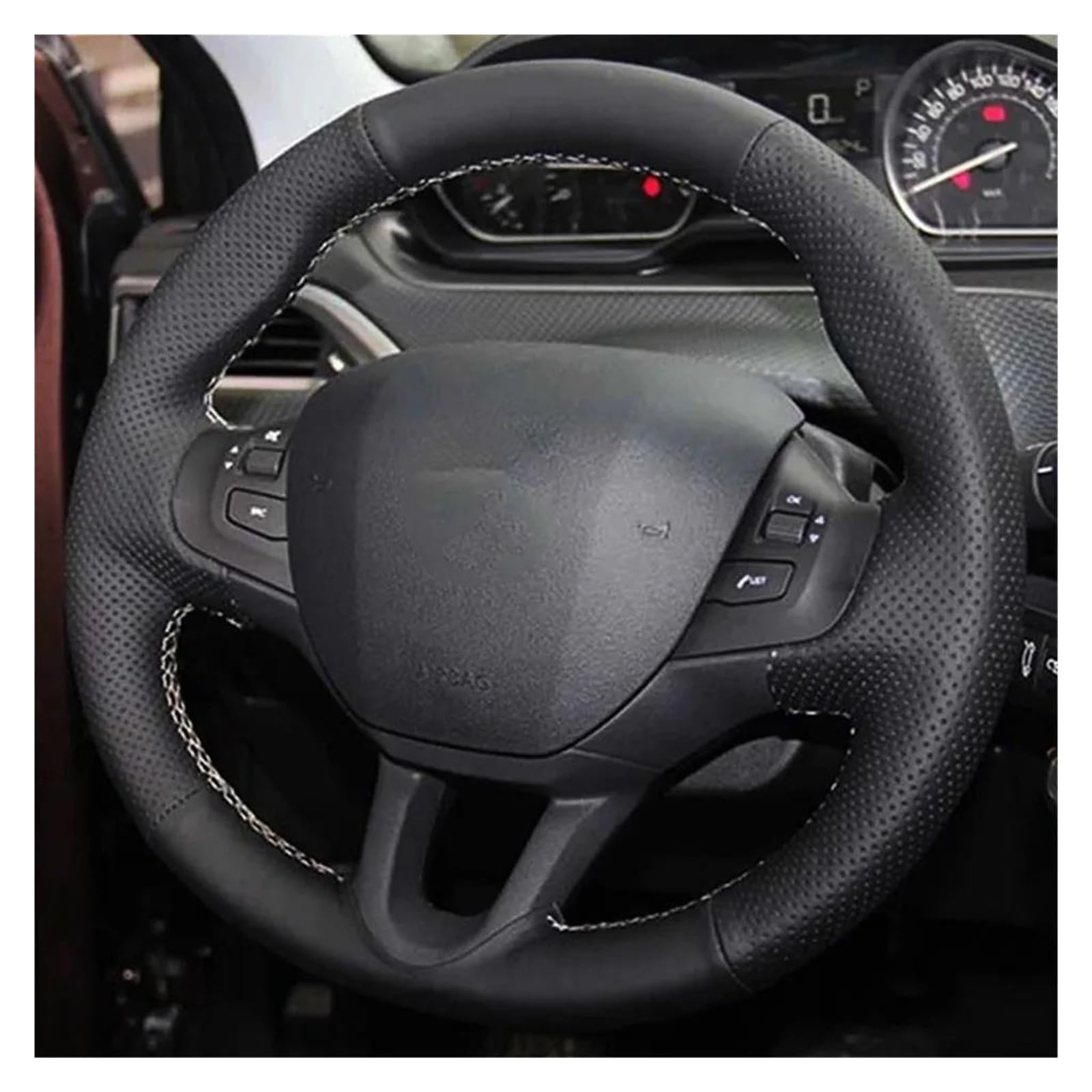 Auto Lenkradbezug DIY Schwarz Tragbare Faux Leder Auto Lenkrad Abdeckung Für Peugeot 208 Für Peugeot 2008 Auto Innen Lenkrad Schutz Lenkradabdeckung(Black Thread) von KEFFUBPG