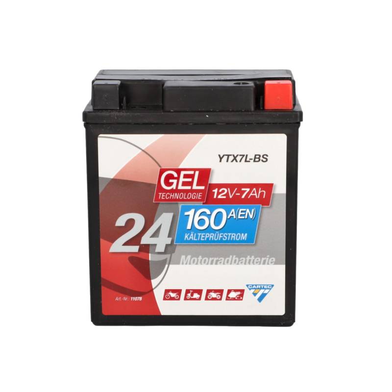 CARTEC Motorradbatterie YTX7L-BS, 6Ah, 100A, Gel Technologie Motorrad-Starter-Batterie, Erstausrüsterqualität, zyklenfest, lagerfähig, wartungsfrei, schwarz von Cartec