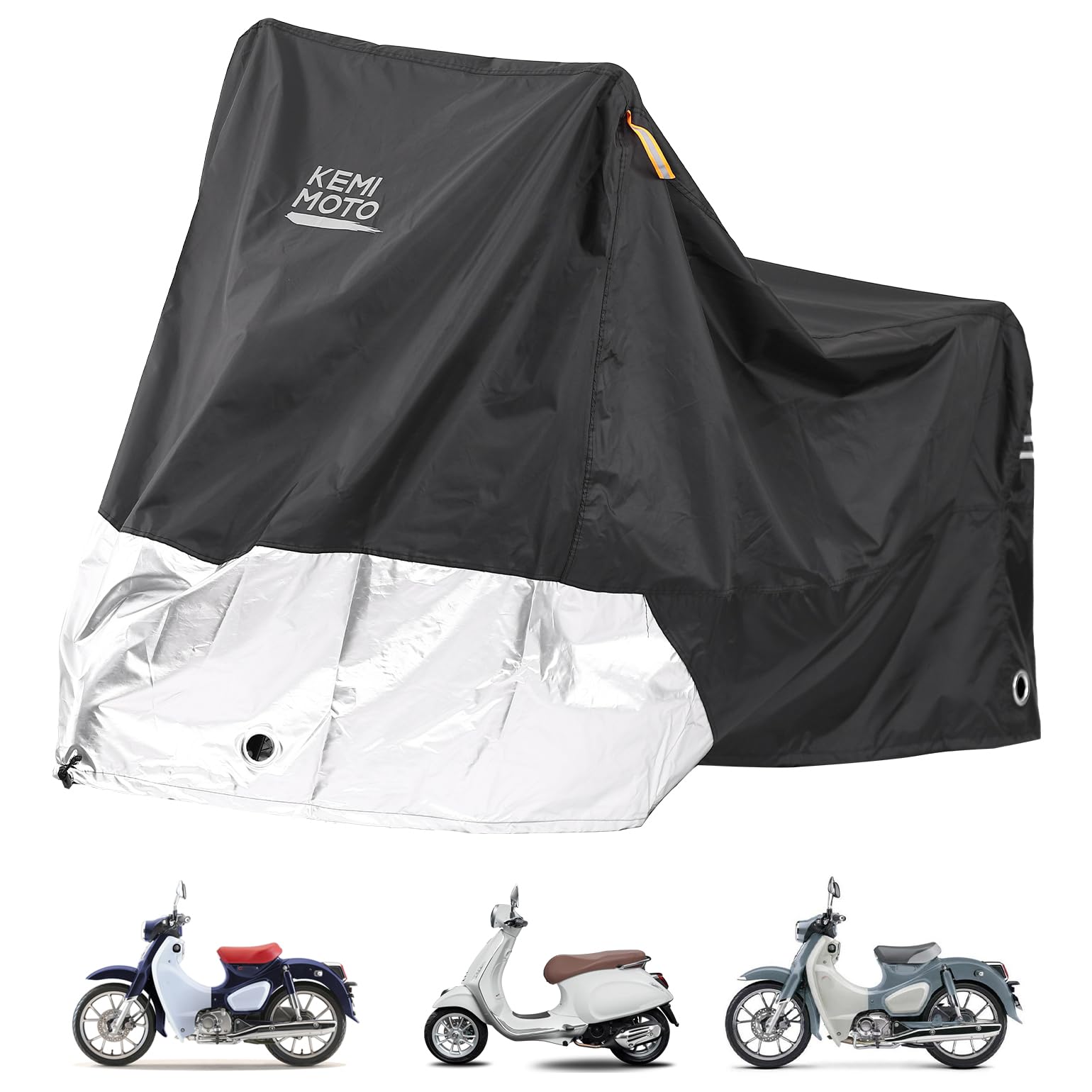 KEMIMOTO Motorrad Abdeckplane, 420D Oxfordstoff Motorradabdeckung Outdoor, Motorrad Plane Wasserdicht Winddicht Staubdicht UV-Schutz, Vespa Abdeckplane, Motorradplane Schwarz Silber 215x110x130cm von KEMIMOTO