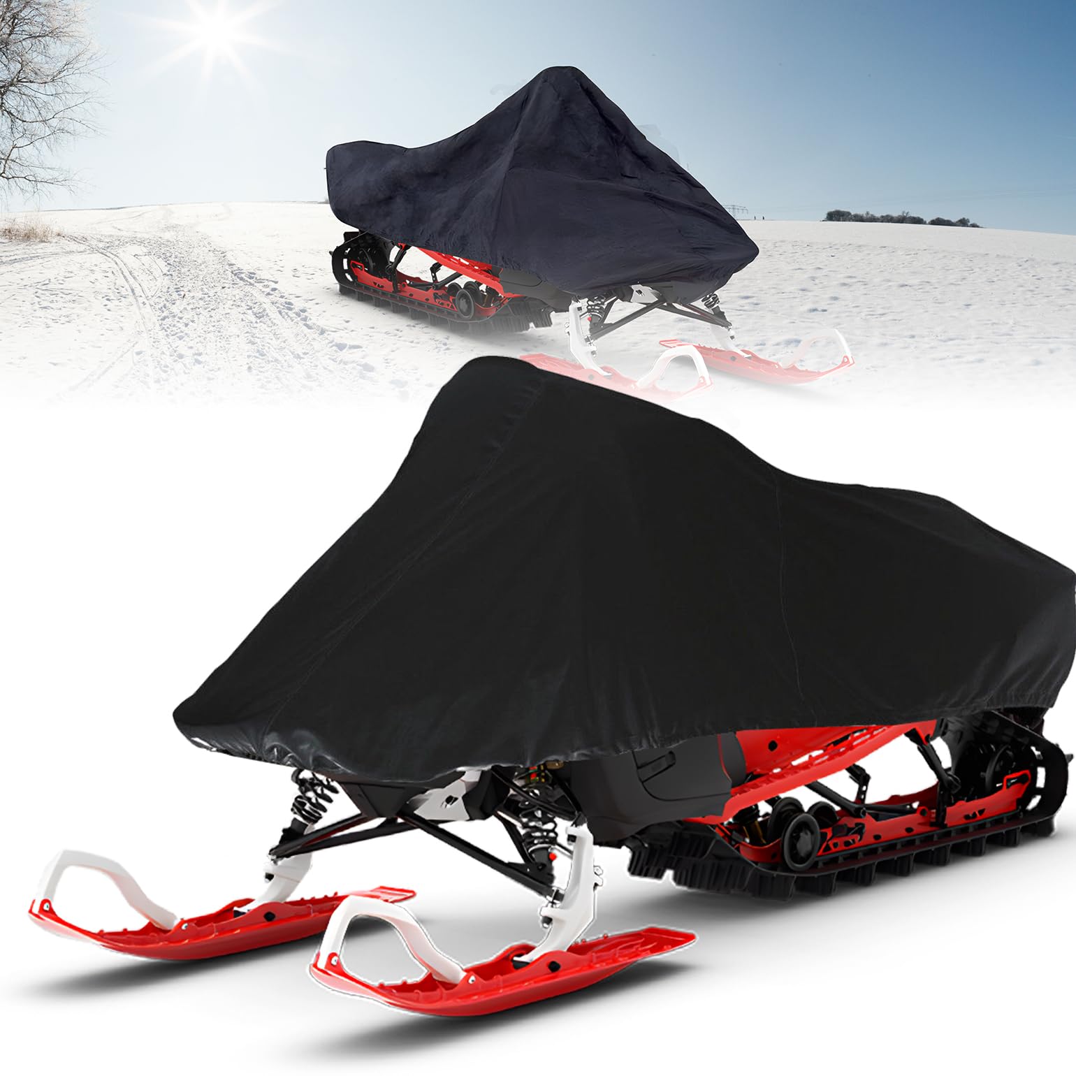 KEMIMOTO Schneemobil-Abdeckung, 600D, strapazierfähig, wasserdicht, Schlitten-Skiabdeckung mit reflektierendem Schild, passend für bis zu 302,3 cm - 322,6 cm L, kompatibel mit Ski Doo Arctic Cat von KEMIMOTO