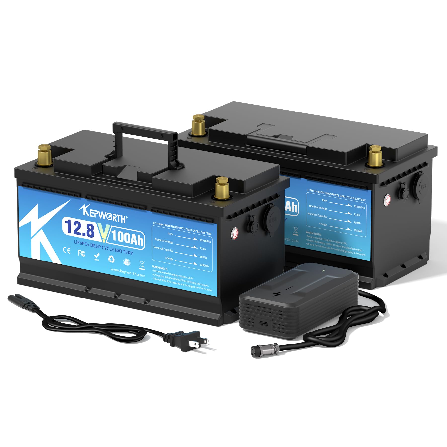 KEPWORTH 12V 100Ah LiFePO4 Batterie, 100A BMS, Max. 15000 Zyklen Deep Cycle Lithium Akku, Perfekter Ersatz für Blei-Säure Batterien für Wohnwagen, Camping, Boote, Wohnmobile, Solaranlage, 2 Pakete von KEPWORTH