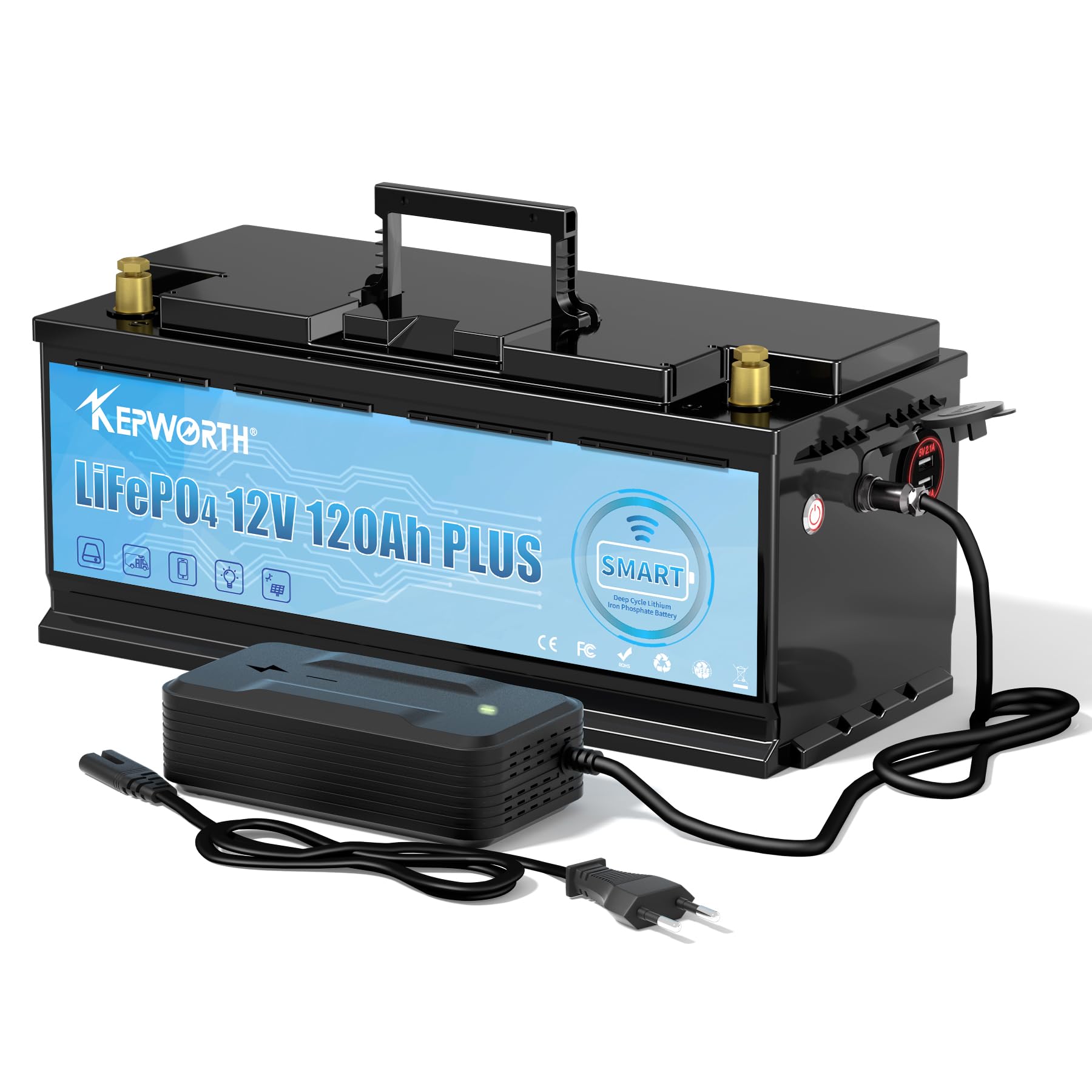 KEPWORTH 12V 120Ah LiFePO4 Batterie, 100A Bluetooth BMS, Max. 15000 Zyklen Deep Cycle Lithium Akku, Perfekter Ersatz für Blei-Säure Batterien für Wohnwagen, Camping, Boote, Solaranlage von KEPWORTH