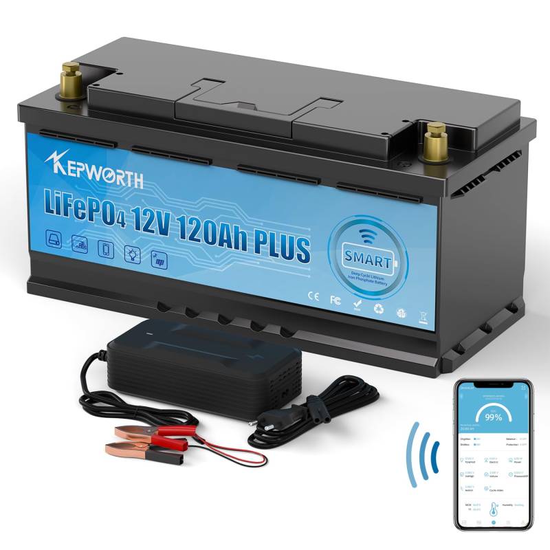 KEPWORTH 12V 120Ah LiFePO4 Batterie, 100A Bluetooth BMS, Max. 15000 Zyklen Deep Cycle Lithium Akku, Perfekter Ersatz für Blei-Säure Batterien für Wohnwagen, Camping, Boote, Solaranlage von KEPWORTH