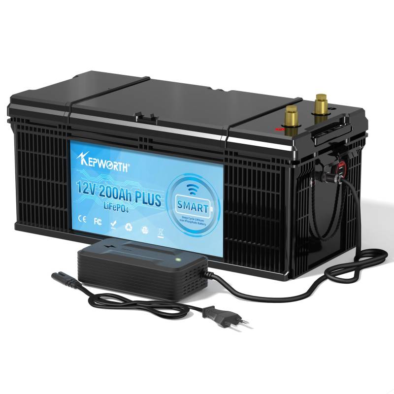 KEPWORTH 12V 200Ah LiFePO4 Batterie, 200A Bluetooth BMS, Max. 15000 Zyklen Deep Cycle Lithium Akku, Perfekter Ersatz für Blei-Säure Batterien für Wohnwagen, Camping, Boote, Solaranlage von KEPWORTH