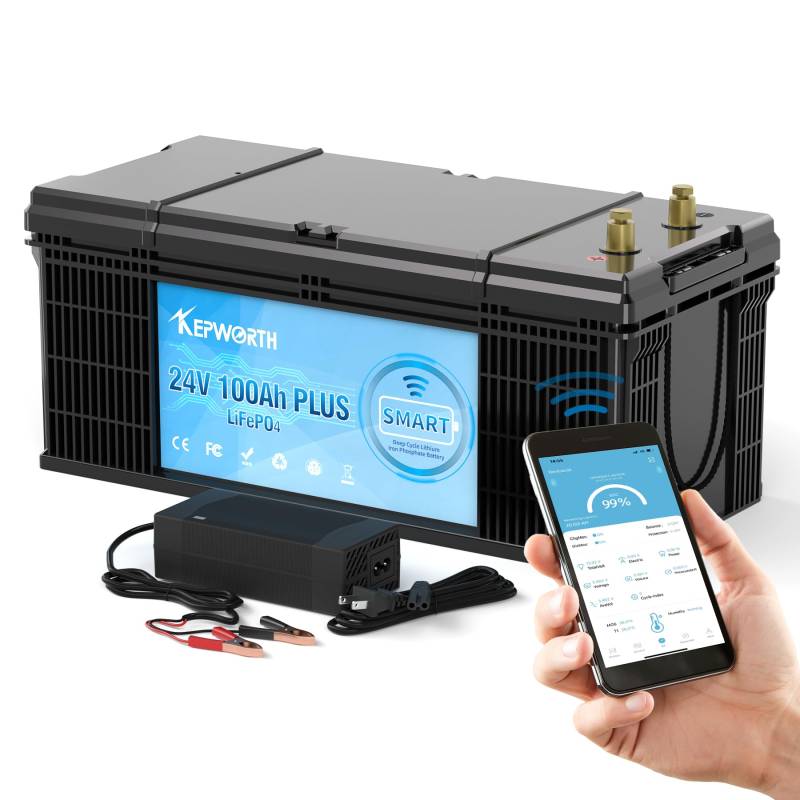 KEPWORTH 24V 100Ah LiFePO4 lithium Batterie Bluetooth Smart 100A BMS, Perfekter Ersatz für AGM Akku, 4000-15000 Tiefzyklus, 10 Jahre Lebensdauer, perfekt für Wohnmobil, Solar, Off-Grid, Marine von KEPWORTH