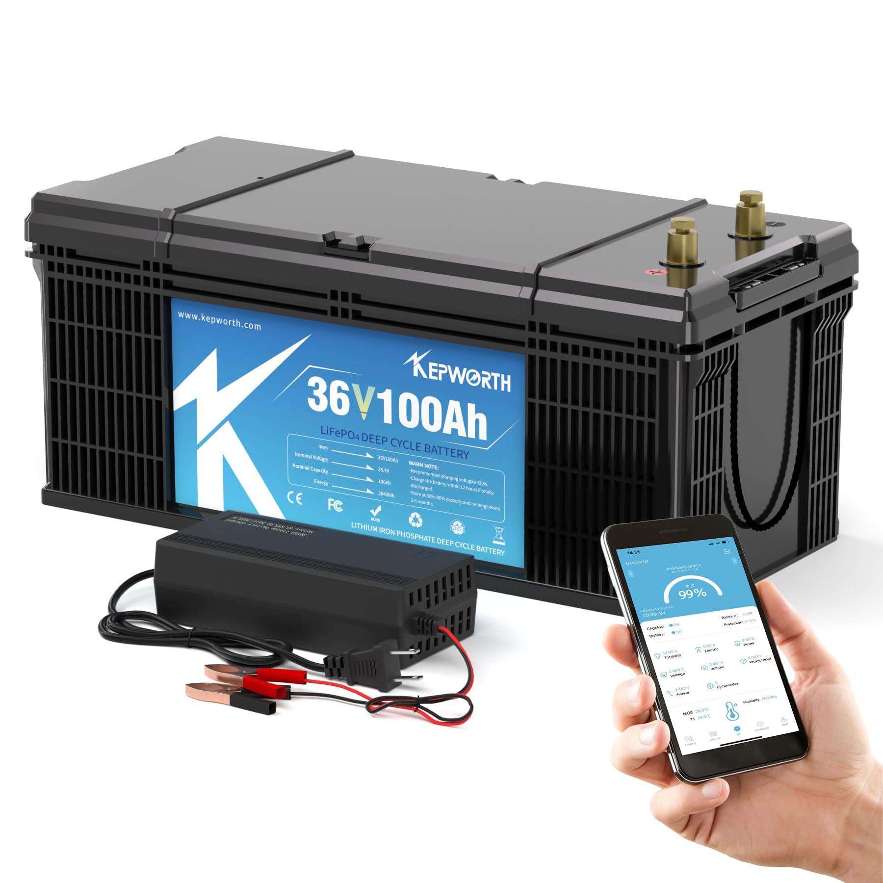 KEPWORTH 36V 100Ah LiFePO4 Batterie, 100A BMS, 4000-15000 Zyklen Deep Cycle Lithium Akku, Perfekter für Golfwagen, Wohnwagen, Inselanlage, Wohnmobil, Solar Home Systeme, Boote von KEPWORTH